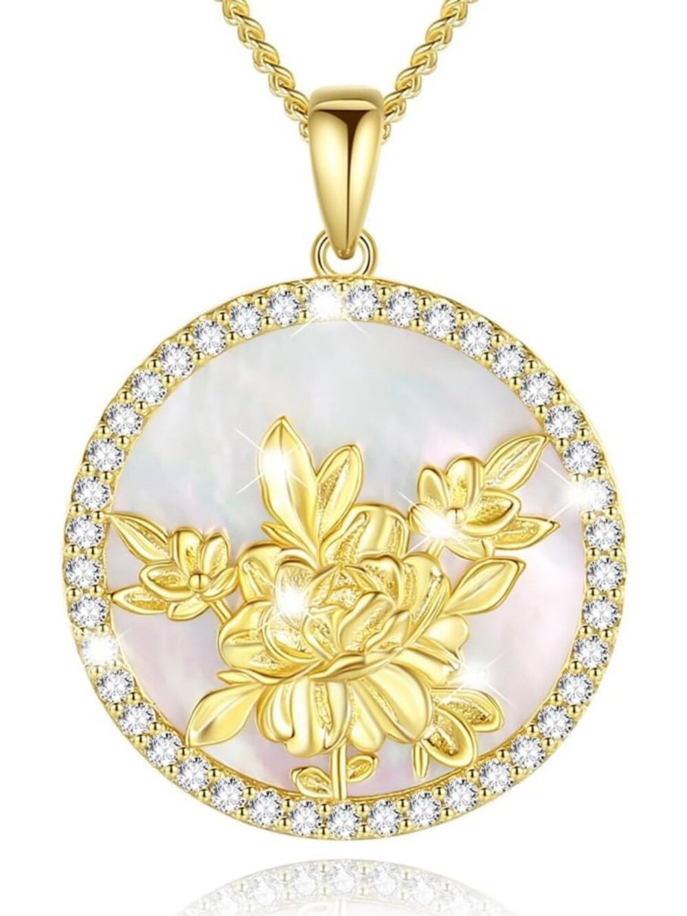 Sterling Silver Birth Flower Necklace with Mother of Pearl & CZ Pendant